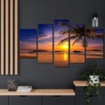 Gün Batımı ve Palmiyeler Parçalı Kanvas Tablo